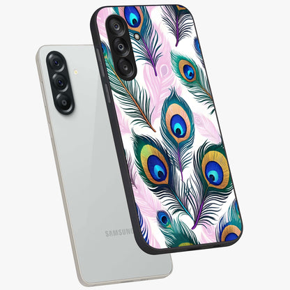 Royal Peacock Feathers Glass Case displayed in angled mockup highlighting vibrant feather pattern with regal aesthetic style.