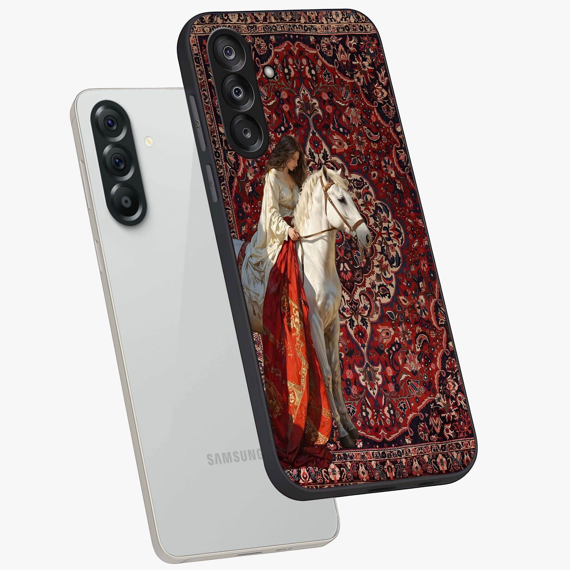 Royal Rider Tapestry Glass Case displayed in angled mockup highlighting traditional tapestry design with royal heritage aesthetic.