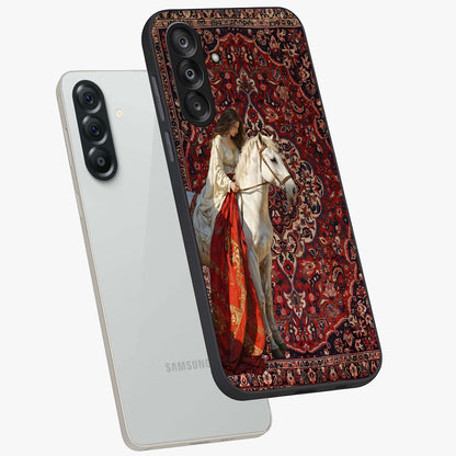 Royal Rider Tapestry Glass Case displayed in angled mockup highlighting traditional tapestry design with royal heritage aesthetic.