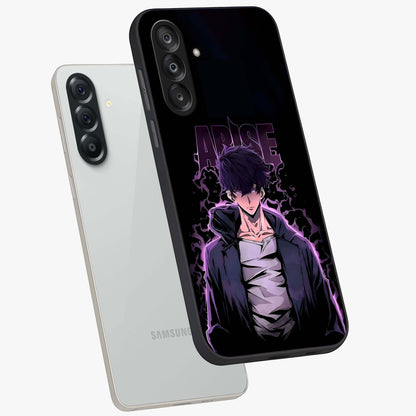 Shadow Monarch Awakening Glass Case displayed in angled mockup highlighting dramatic shadow warrior design with fantasy aesthetic.