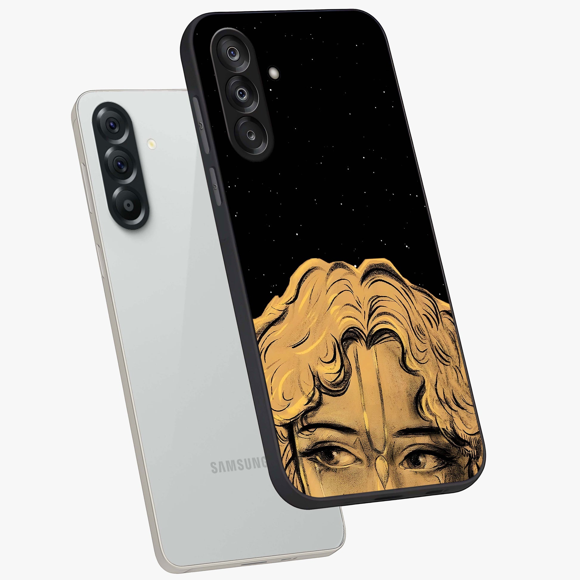 Shri Krishna Art Glass Case displayed in angled mockup highlighting spiritual Krishna illustration with divine aesthetic.