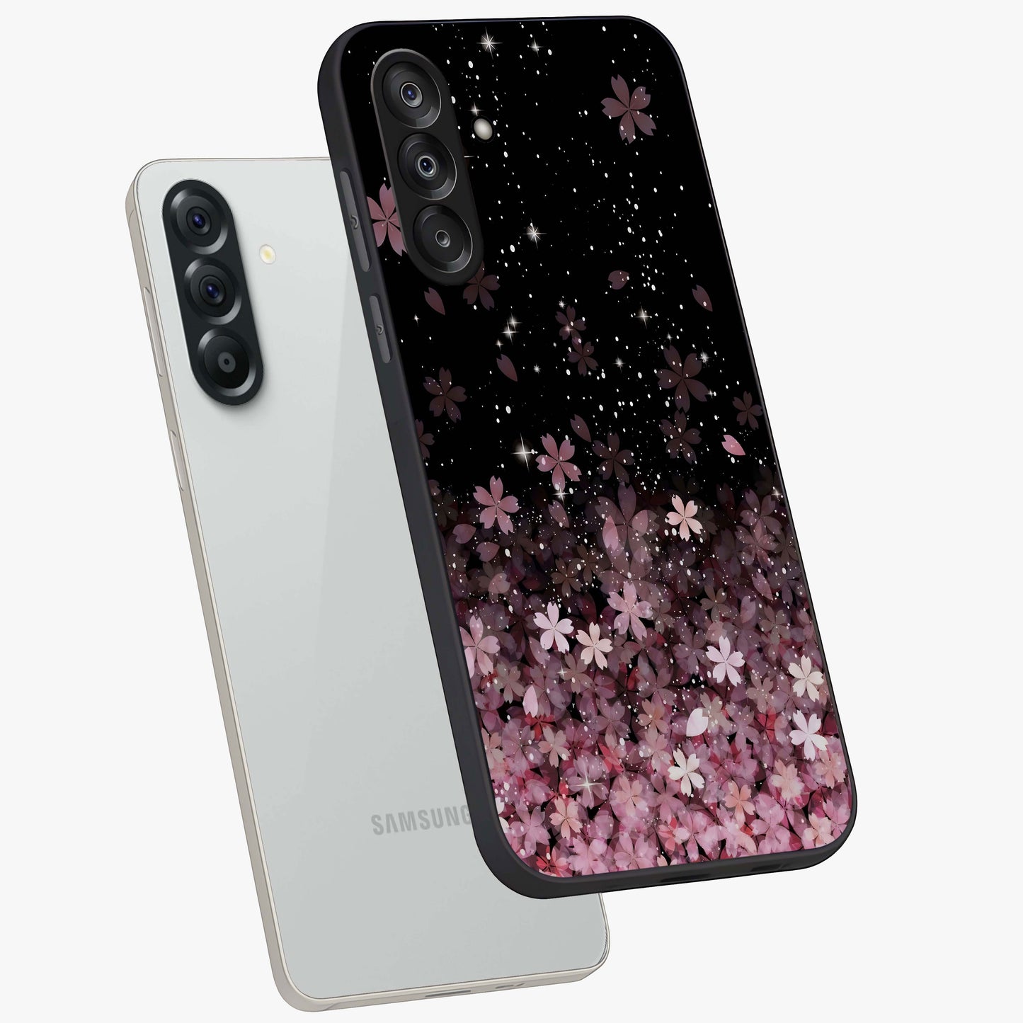 Small Starry Flowers Glass Case displayed in angled mockup highlighting tiny flower pattern with celestial aesthetic style.