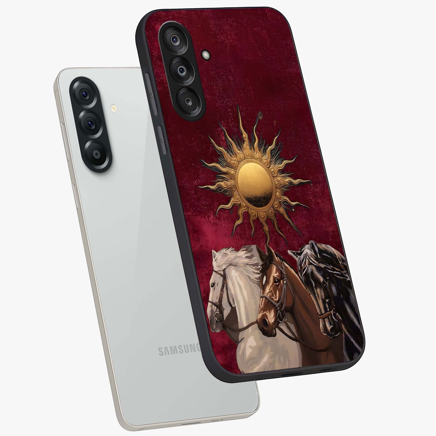 Solar Riders Glass Case displayed in angled mockup highlighting powerful rider illustration with radiant solar aesthetic.