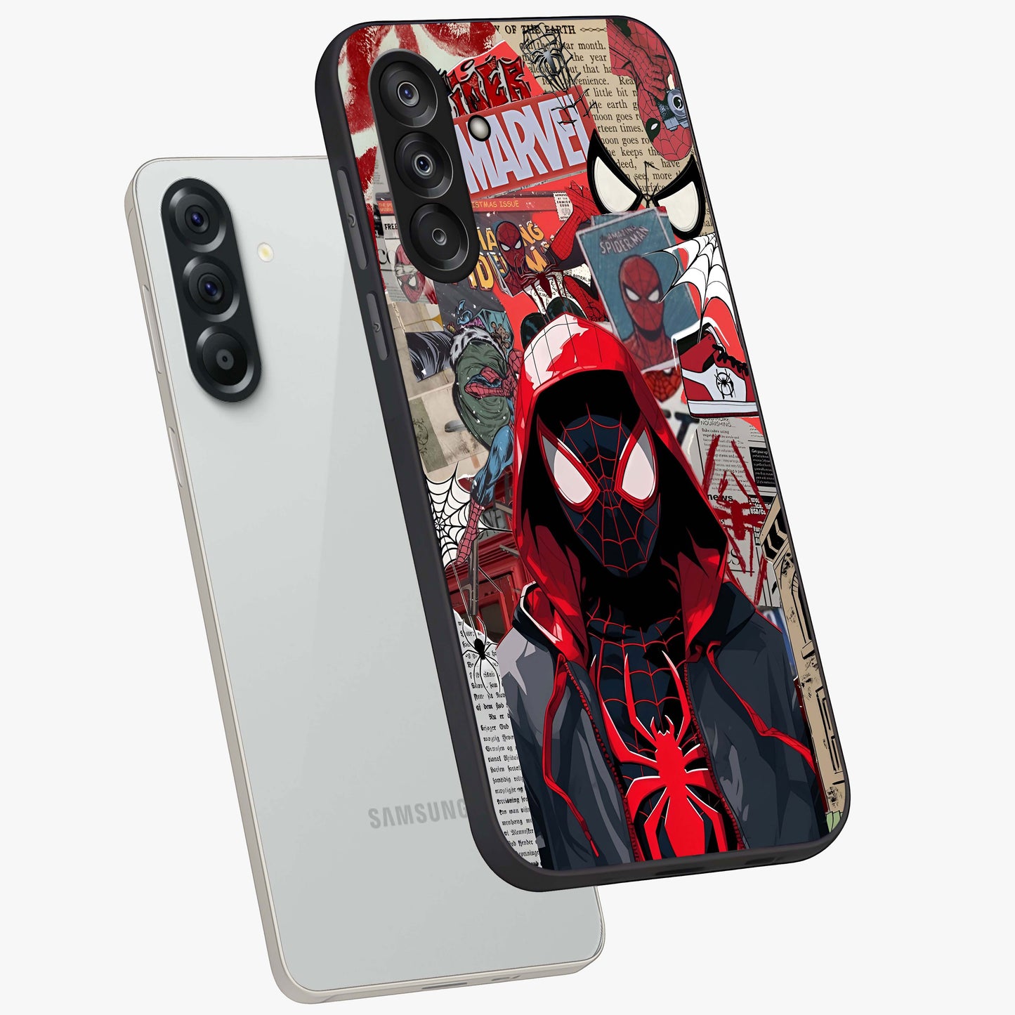 Spider Collage Street Glass Case displayed in angled mockup highlighting dynamic street style collage design with comic aesthetic.
