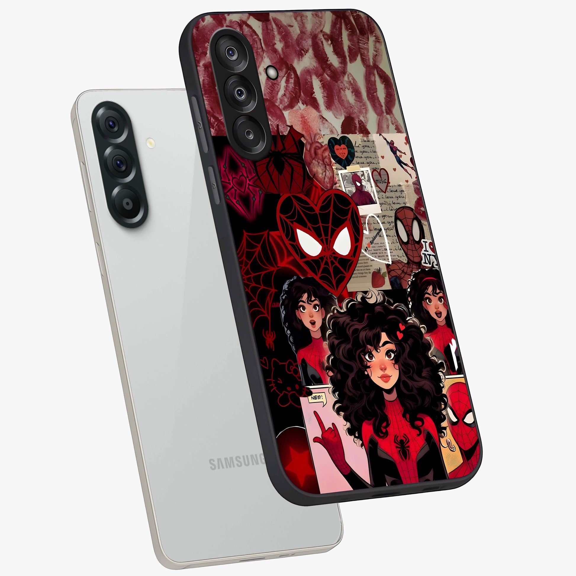 Spider Love Story Glass Case displayed in angled mockup highlighting expressive comic inspired design with playful aesthetic.