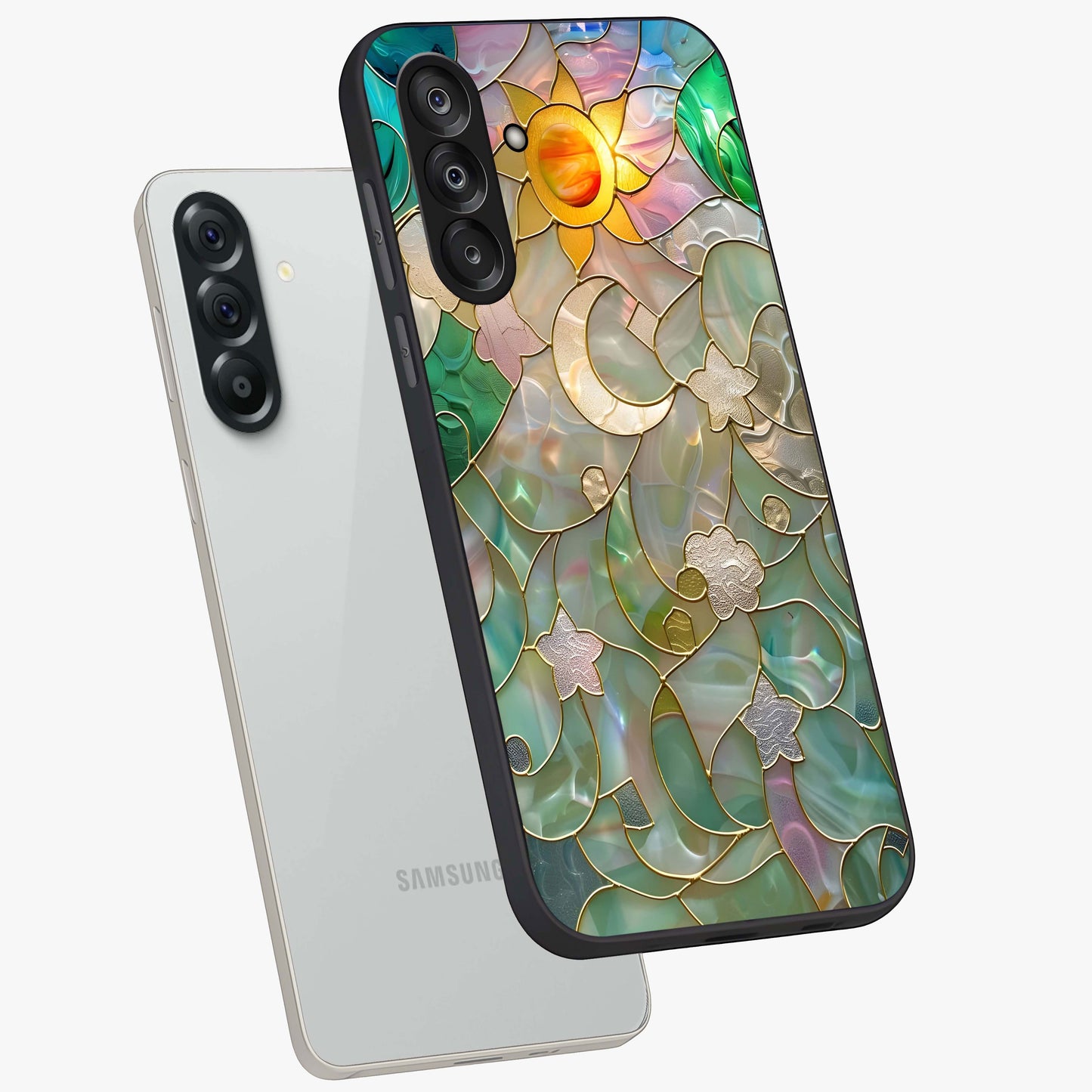 Stained Sunrise Glow Glass Case displayed in angled mockup highlighting radiant sunrise design with artistic aesthetic style.