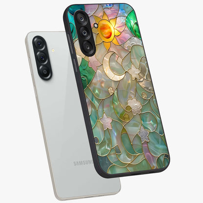 Stained Sunrise Glow Glass Case displayed in angled mockup highlighting radiant sunrise design with artistic aesthetic style.