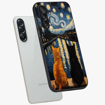 Starry River Cats Glass Case displayed in angled mockup highlighting charming feline illustration with dreamy night aesthetic.
