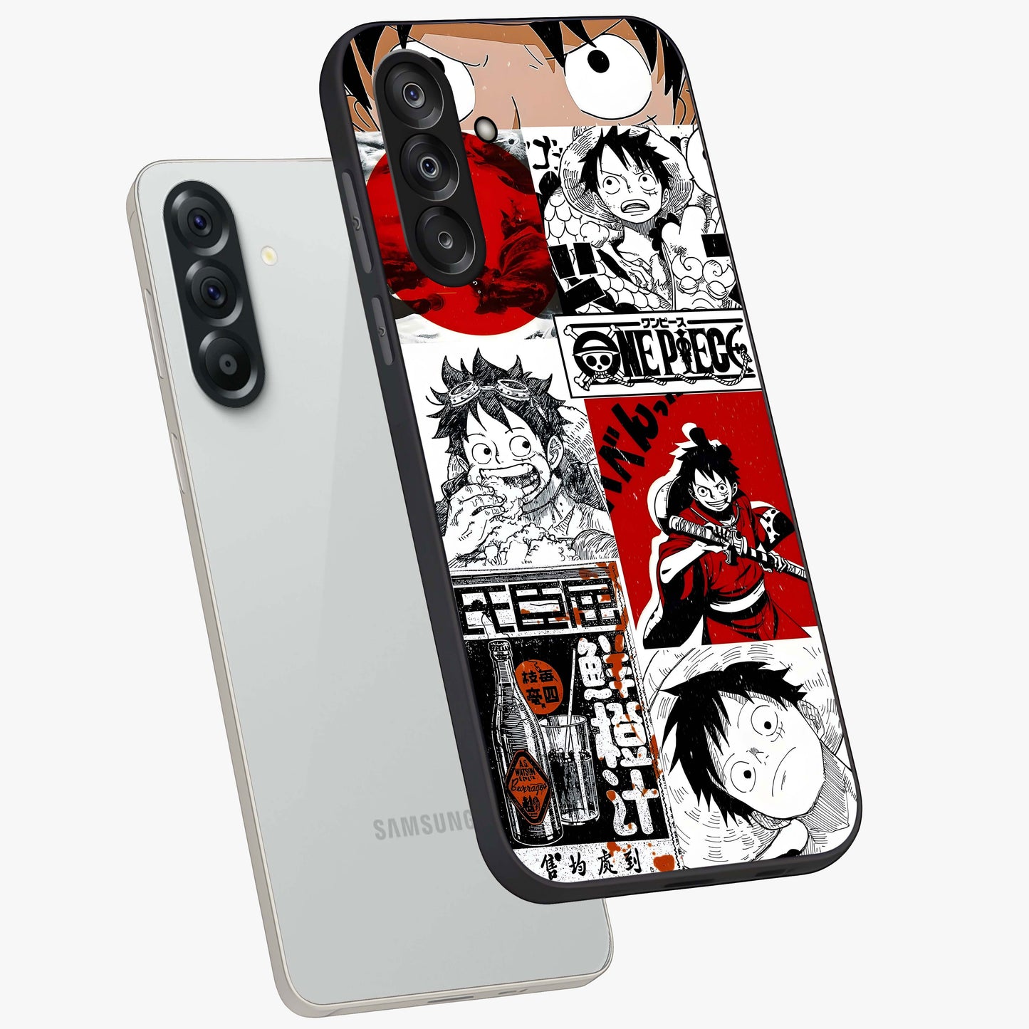 Strawhat Chaos Panels Glass Case displayed in angled mockup highlighting vibrant anime collage design with action aesthetic.