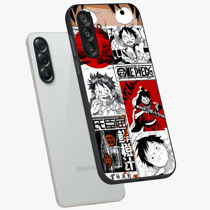 Strawhat Chaos Panels Glass Case displayed in angled mockup highlighting vibrant anime collage design with action aesthetic.