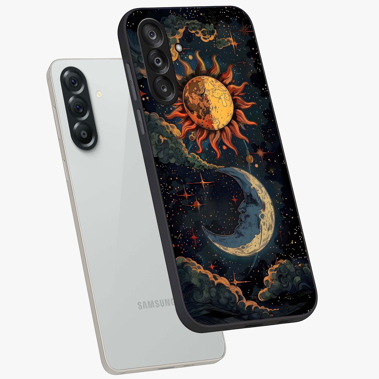 Sun And Moon Magic Design Glass Case displayed in angled mockup highlighting celestial design with magical cosmic aesthetic.