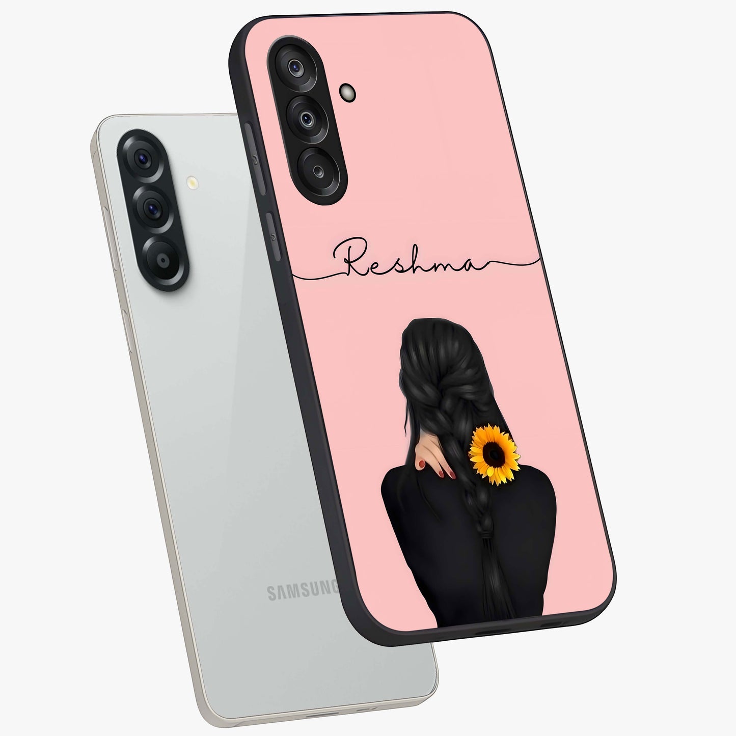 Sunflower Braid Beauty With Custom Name Glass Case displayed in angled mockup highlighting elegant sunflower design with custom name feature.