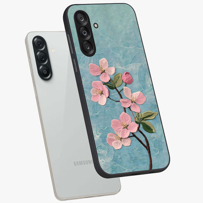 Threaded Blossom Breeze Glass Case displayed in angled mockup highlighting elegant floral design with soft aesthetic style.