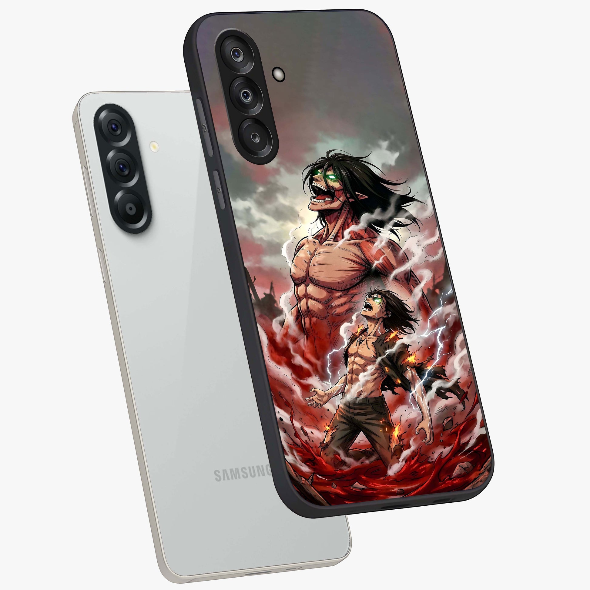 Titan Awakening Fury Glass Case displayed in angled mockup highlighting dramatic giant warrior design with bold anime aesthetic.