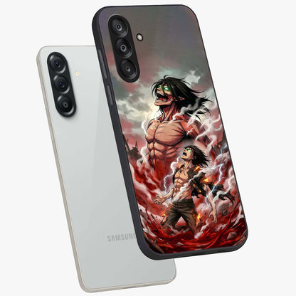 Titan Awakening Fury Glass Case displayed in angled mockup highlighting dramatic giant warrior design with bold anime aesthetic.