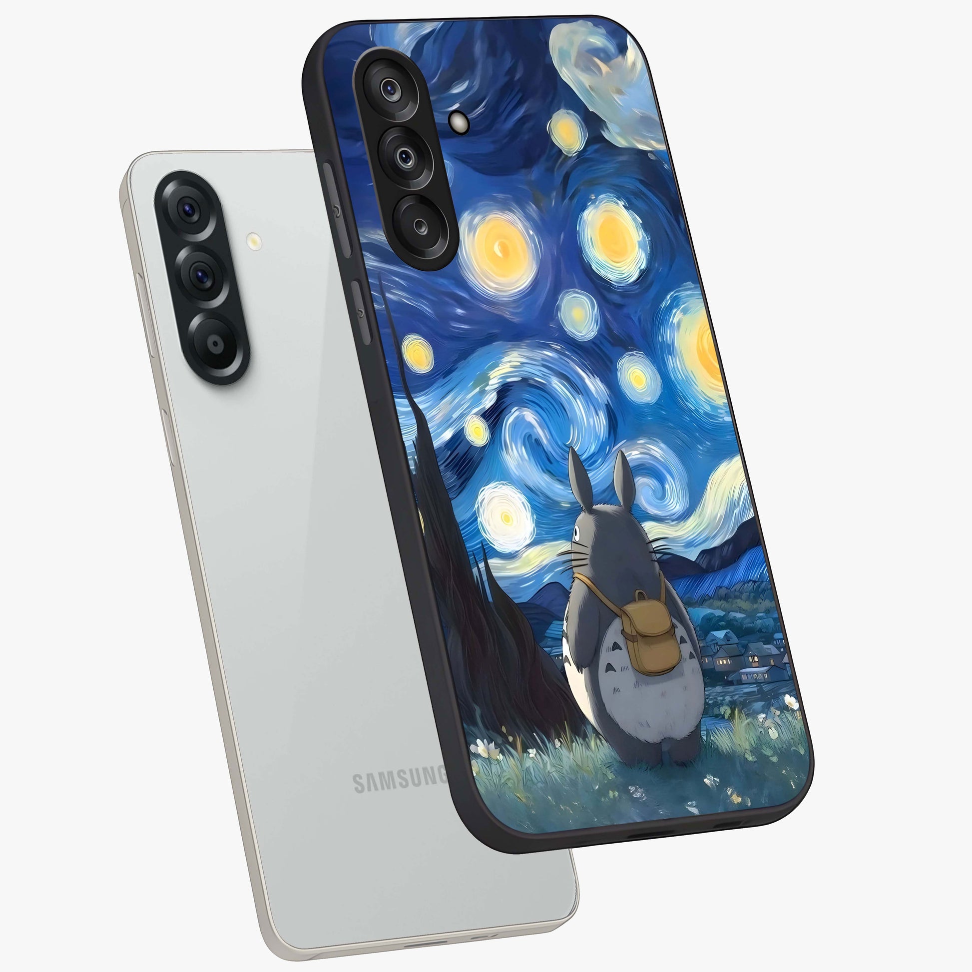 Totoro In Van Gogh Art Glass Case displayed in angled mockup highlighting artistic swirling sky design with playful animation aesthetic.