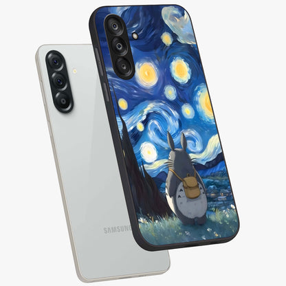 Totoro In Van Gogh Art Glass Case displayed in angled mockup highlighting artistic swirling sky design with playful animation aesthetic.
