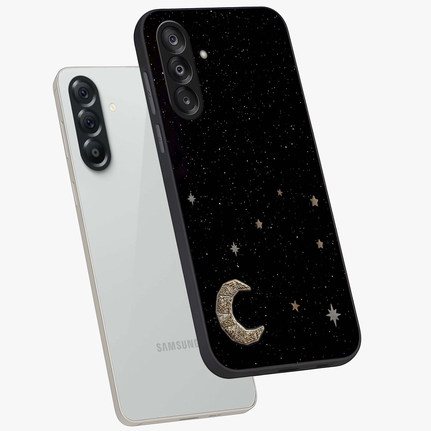 Twinkle Star With Half Moon Glass Case displayed in angled mockup highlighting celestial moon and star design with magical aesthetic.