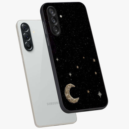 Twinkle Star With Half Moon Glass Case displayed in angled mockup highlighting celestial moon and star design with magical aesthetic.