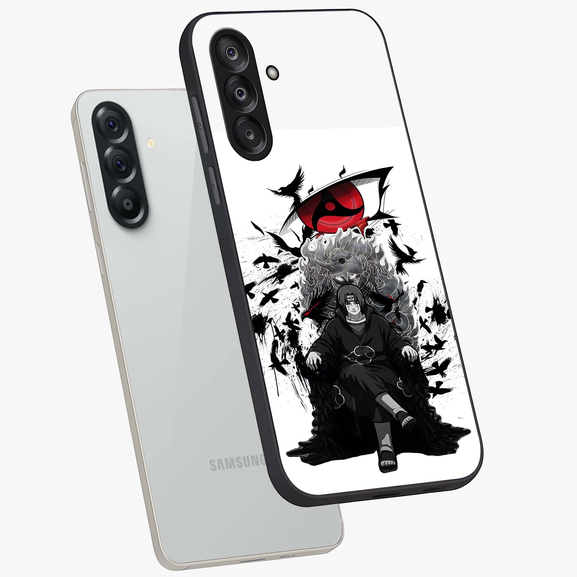 Uchiha Shadow Throne Glass Case displayed in angled mockup highlighting glowing aquatic design with celestial aesthetic.