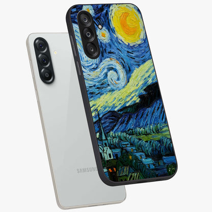 Van Gogh Art Glass Case displayed in angled mockup highlighting swirling brushstroke design with artistic aesthetic.