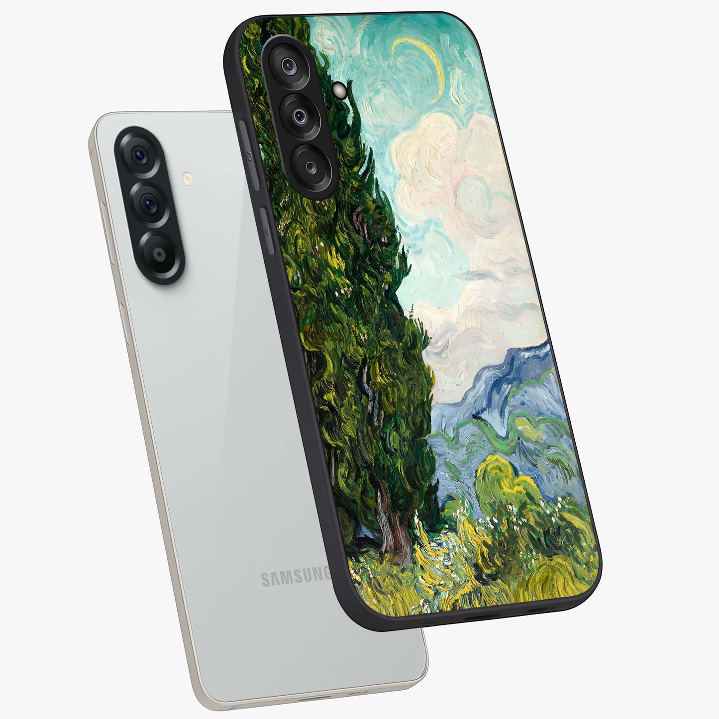 Van Gogh Vintage Art Glass Case displayed in angled mockup highlighting textured brushstroke design with classic aesthetic.