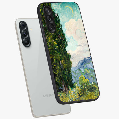 Van Gogh Vintage Art Glass Case displayed in angled mockup highlighting textured brushstroke design with classic aesthetic.