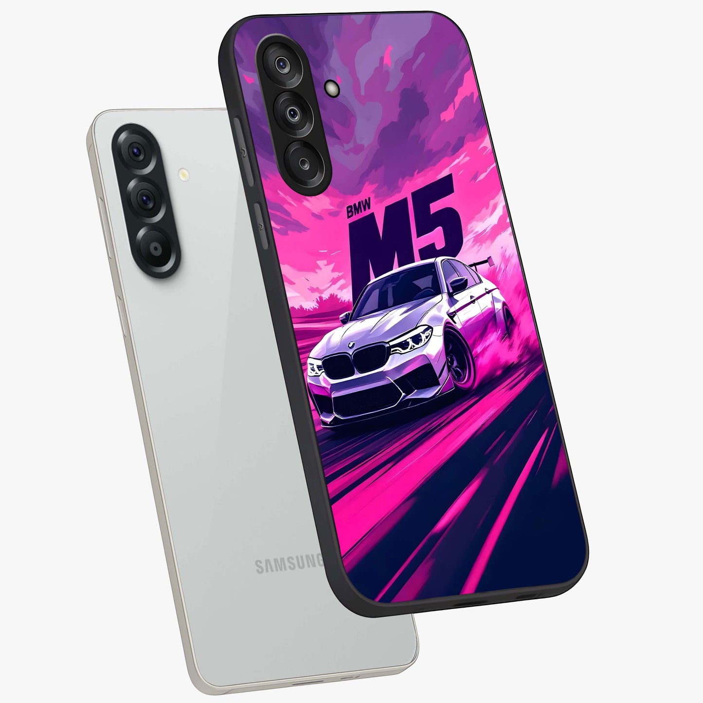 Velocity Drift Pulse Glass Case displayed in angled mockup highlighting dynamic drift design with sporty automotive aesthetic.