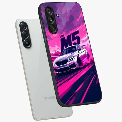Velocity Drift Pulse Glass Case displayed in angled mockup highlighting dynamic drift design with sporty automotive aesthetic.