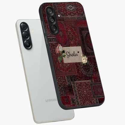 Velvet Wine Pattern Custom Name Glass Case displayed in angled mockup highlighting decorative velvet inspired design with custom name feature.