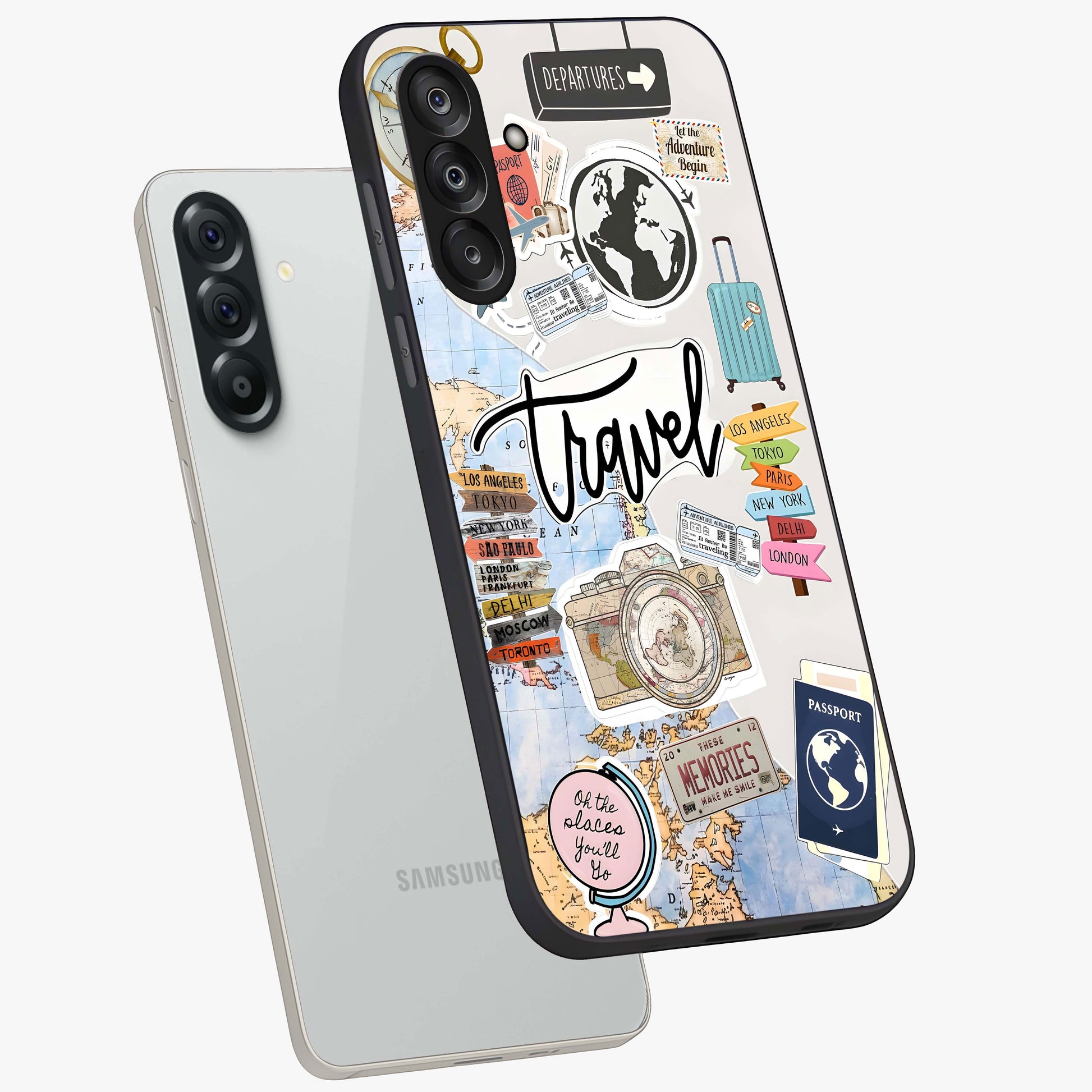 Wanderlust Journal Glass Case displayed in angled mockup highlighting adventure themed design with aesthetic travel vibe.