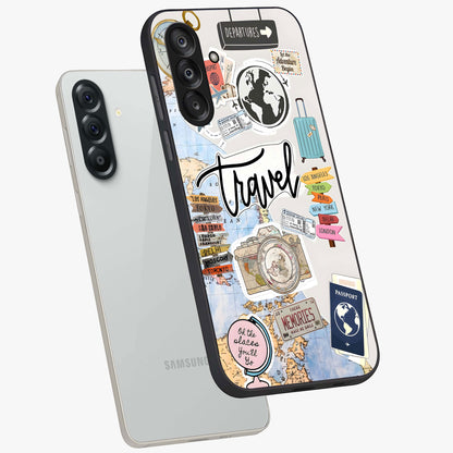 Wanderlust Journal Glass Case displayed in angled mockup highlighting adventure themed design with aesthetic travel vibe.