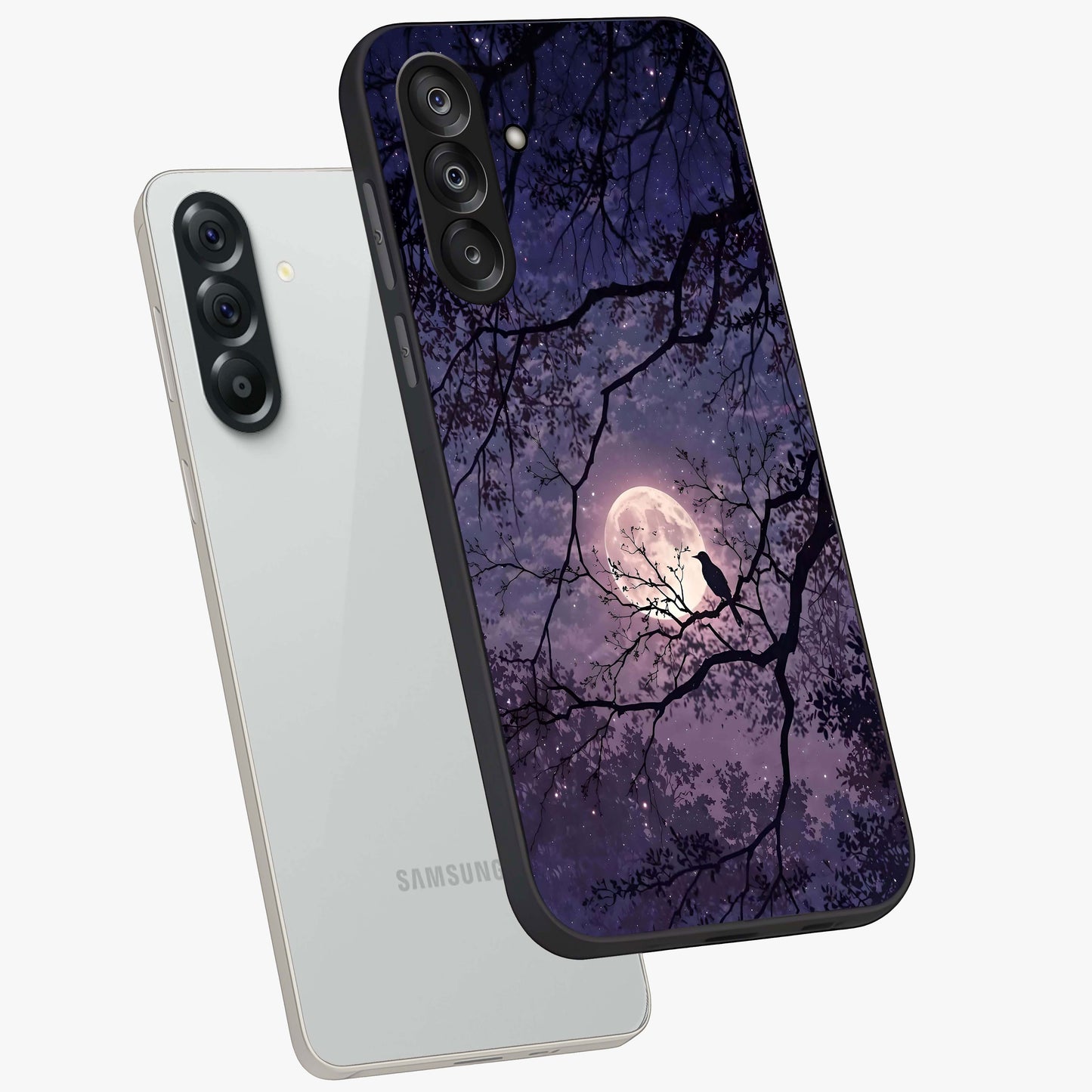 Whispering Moon Silence Glass Case displayed in angled mockup highlighting calm lunar design with dreamy night aesthetic.