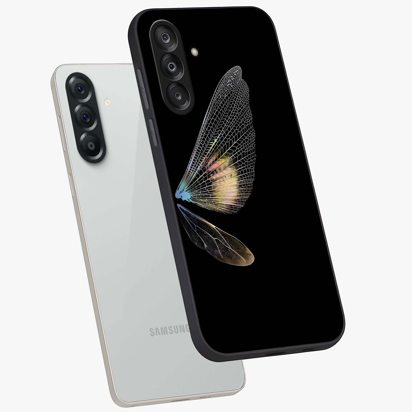 Whispers Of Wings Glass Case displayed in angled mockup highlighting soft feather design with celestial aesthetic style.