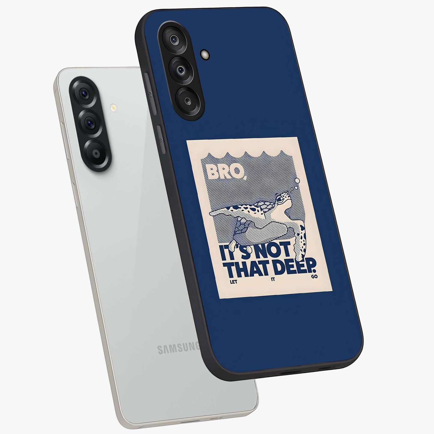 Worry Less Swim Glass Case displayed in angled mockup highlighting fun typography design with relaxed aesthetic style.