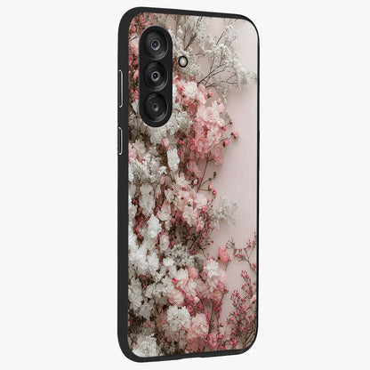 Blush Blossom Cloud Glass Case upright view showcasing calm floral cloud artwork with gentle dreamy theme.