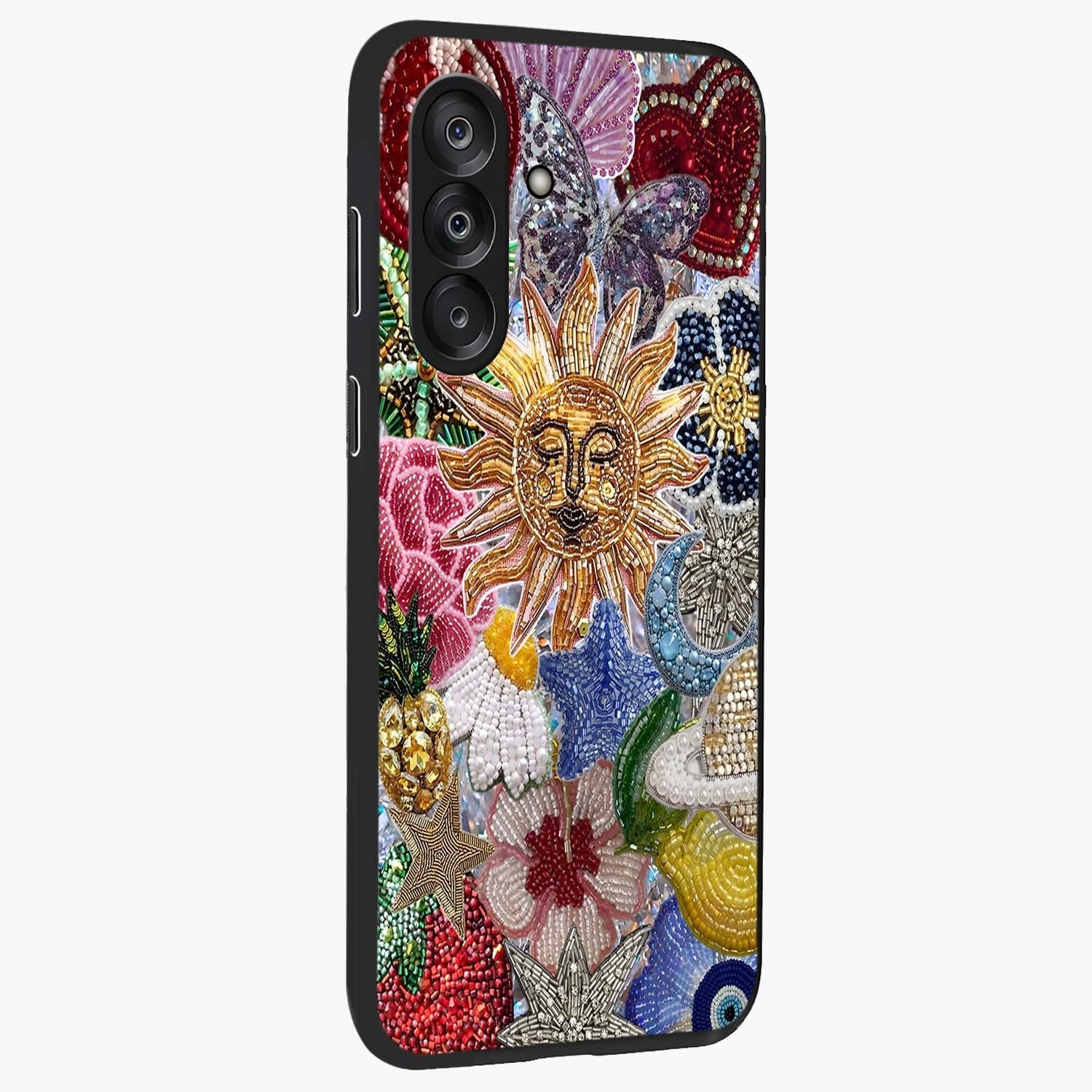 Celestial Floral and Playful Glass Case upright view showcasing whimsical floral artwork with cosmic aesthetic theme.