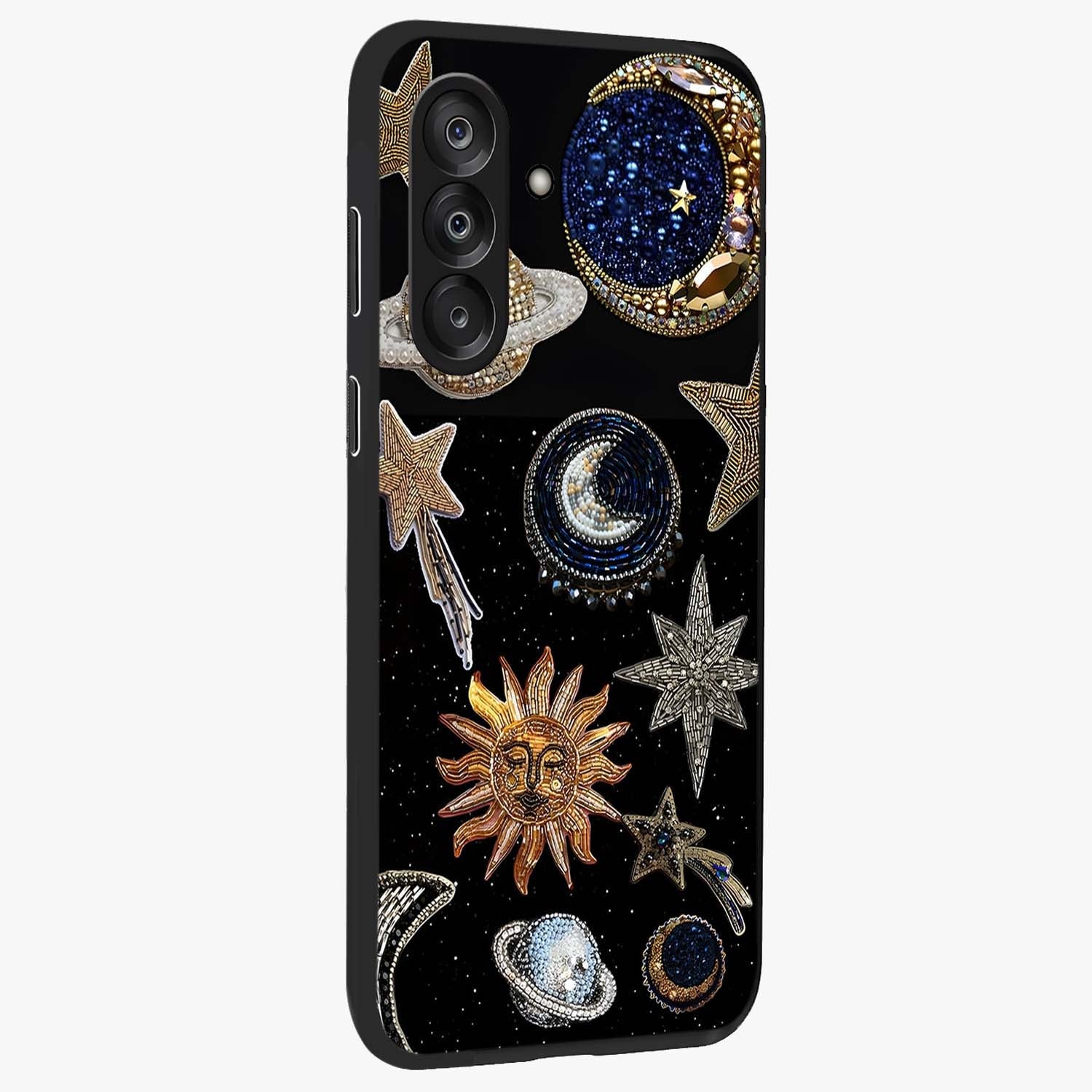 Celestial Gem Constellations Glass Case upright view showcasing cosmic constellation artwork with celestial aesthetic style.