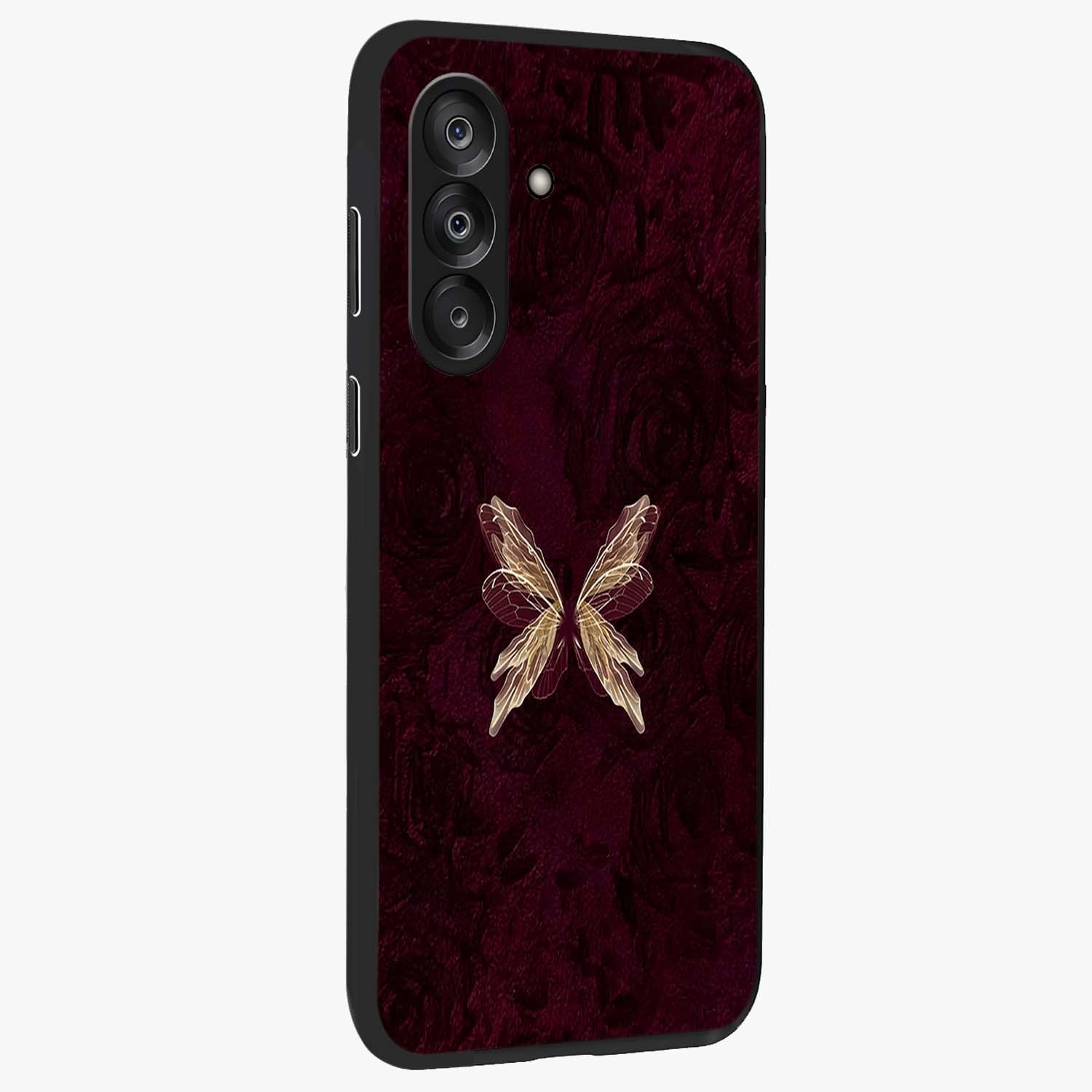 Crimson Fade Butterfly Glass Case upright view showcasing graceful butterfly artwork with soft crimson fade effect.