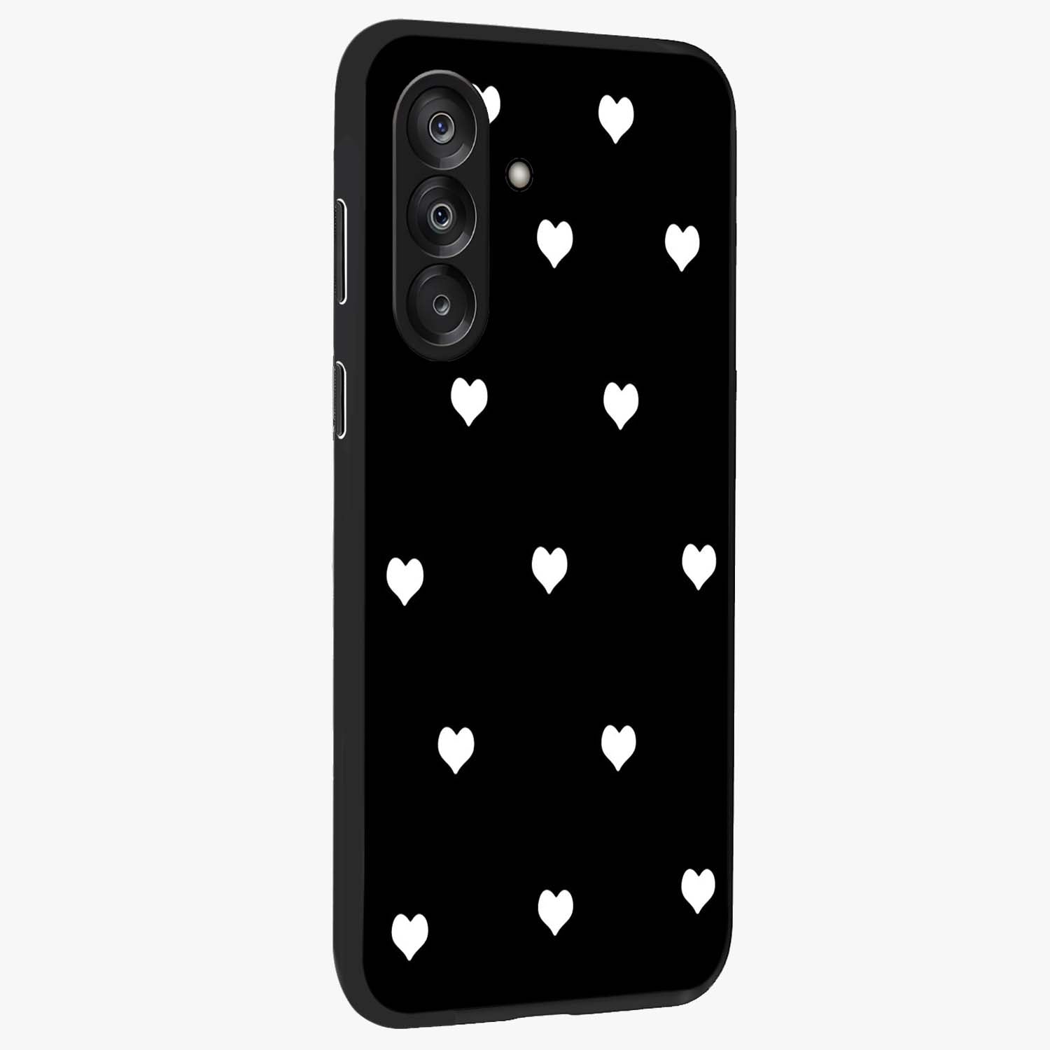 Cute And Simple White Hearts Glass Case upright view showcasing simple white hearts artwork with soft minimal theme.