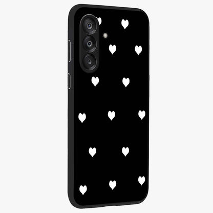 Cute And Simple White Hearts Glass Case upright view showcasing simple white hearts artwork with soft minimal theme.