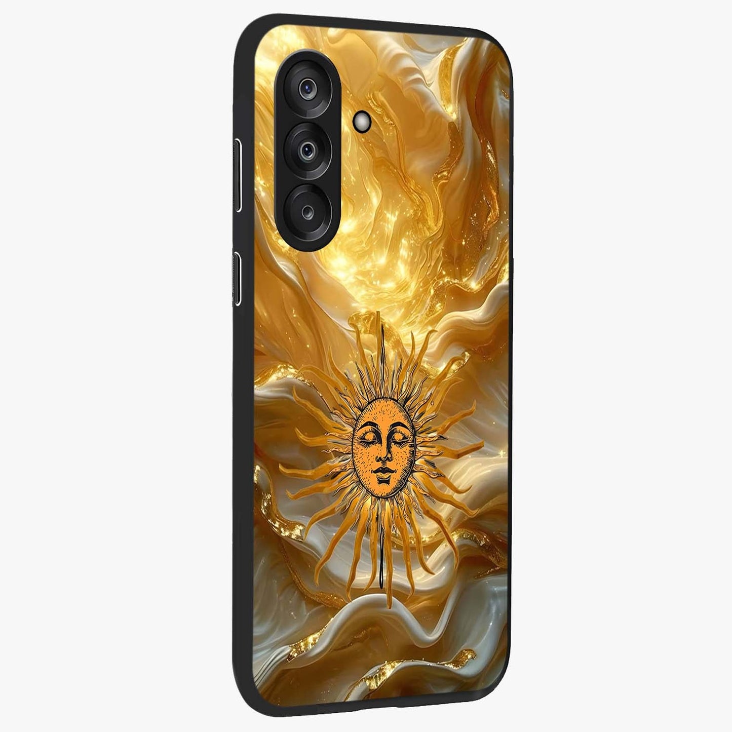Eternal Golden Glow Glass Case upright view showcasing luminous golden artwork with luxurious visual theme.