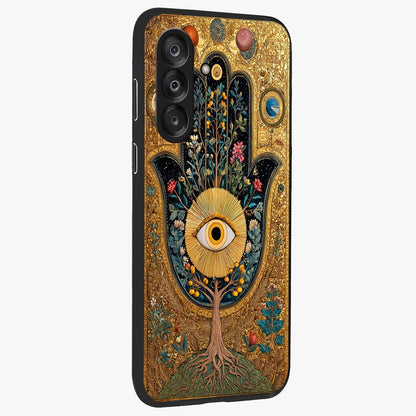 Ethereal Evil Eye Glass Case upright view showcasing celestial evil eye artwork with mystical theme.