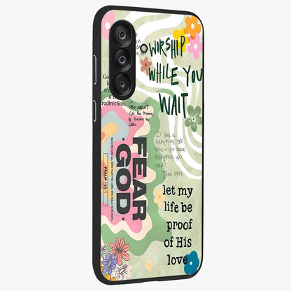 Faith Over Fear Glass Case upright view showcasing bold typography artwork with uplifting motivational theme.