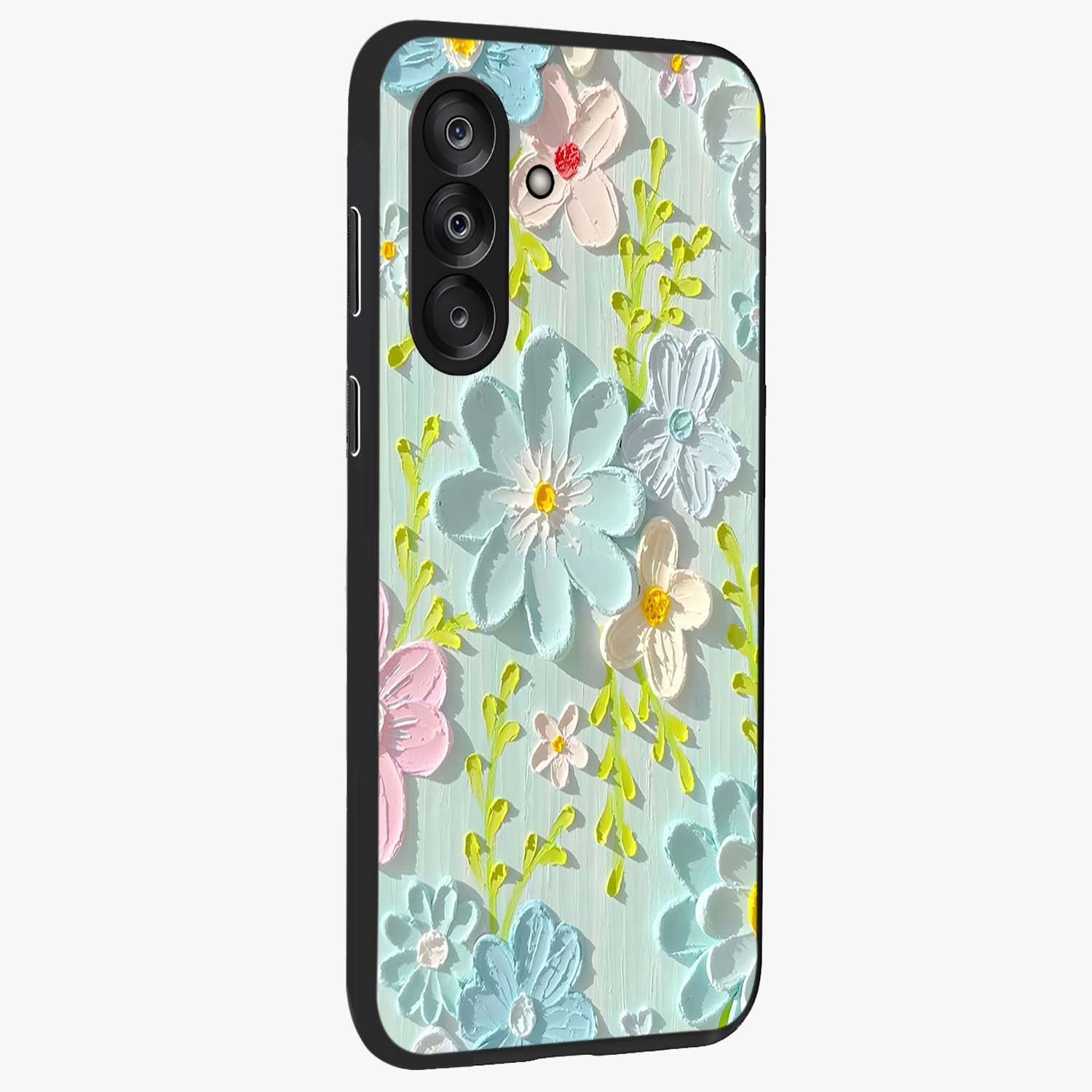 Frosted Petal Garden Glass Case upright view showcasing elegant floral garden artwork with soothing pastel theme.