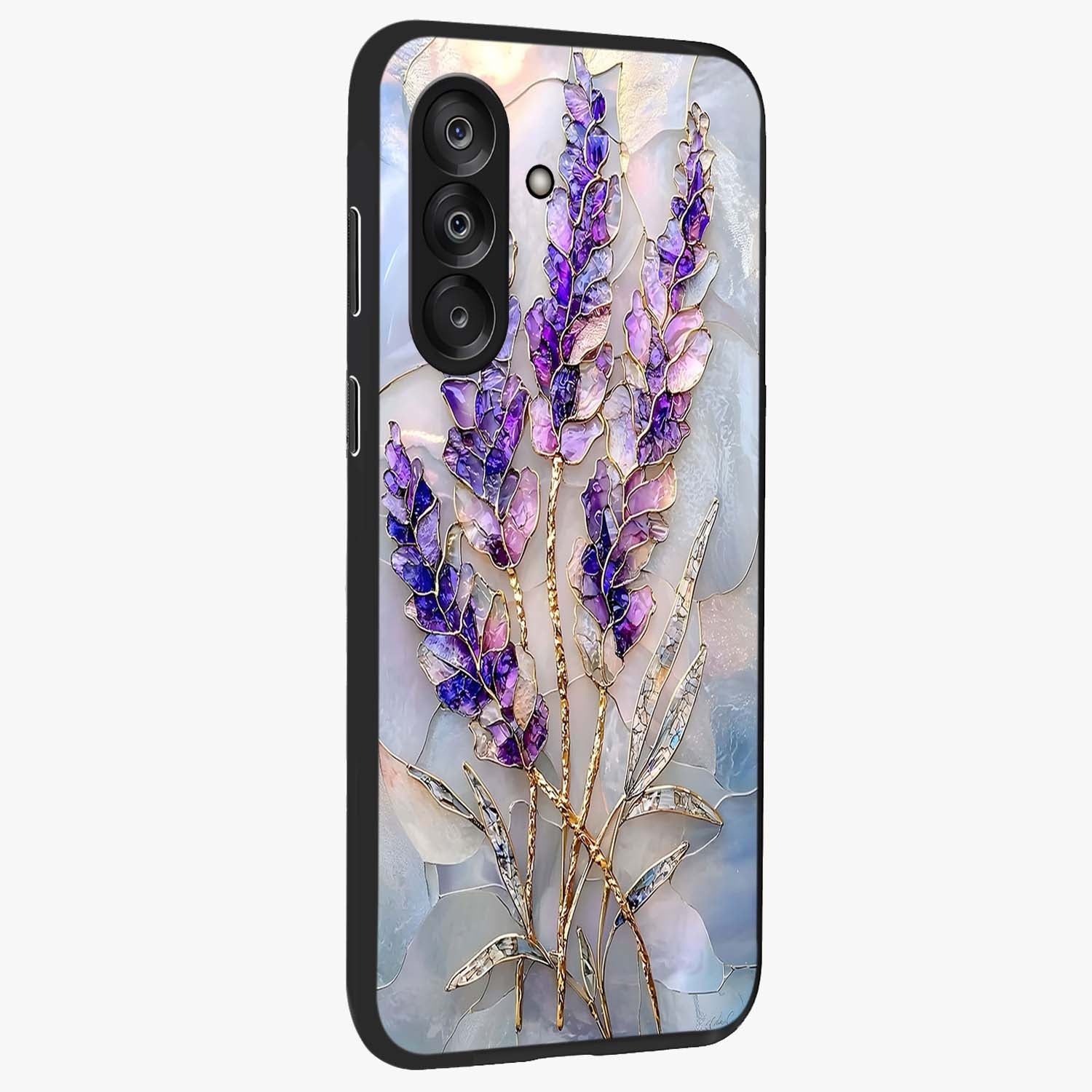 Lavender Dream Glow Glass Case upright view showcasing radiant lavender glow artwork with calming dreamy theme.