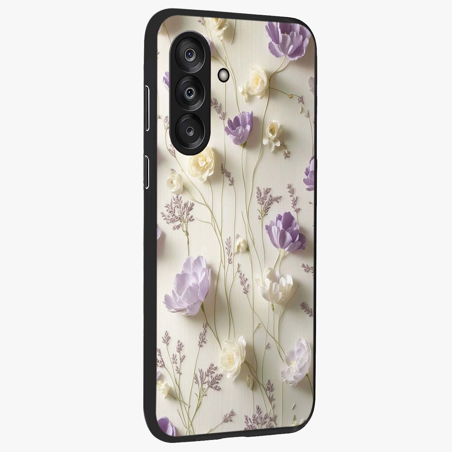 Lilac Breeze Harmony Glass Case upright view showcasing delicate lilac artwork with peaceful floral theme.