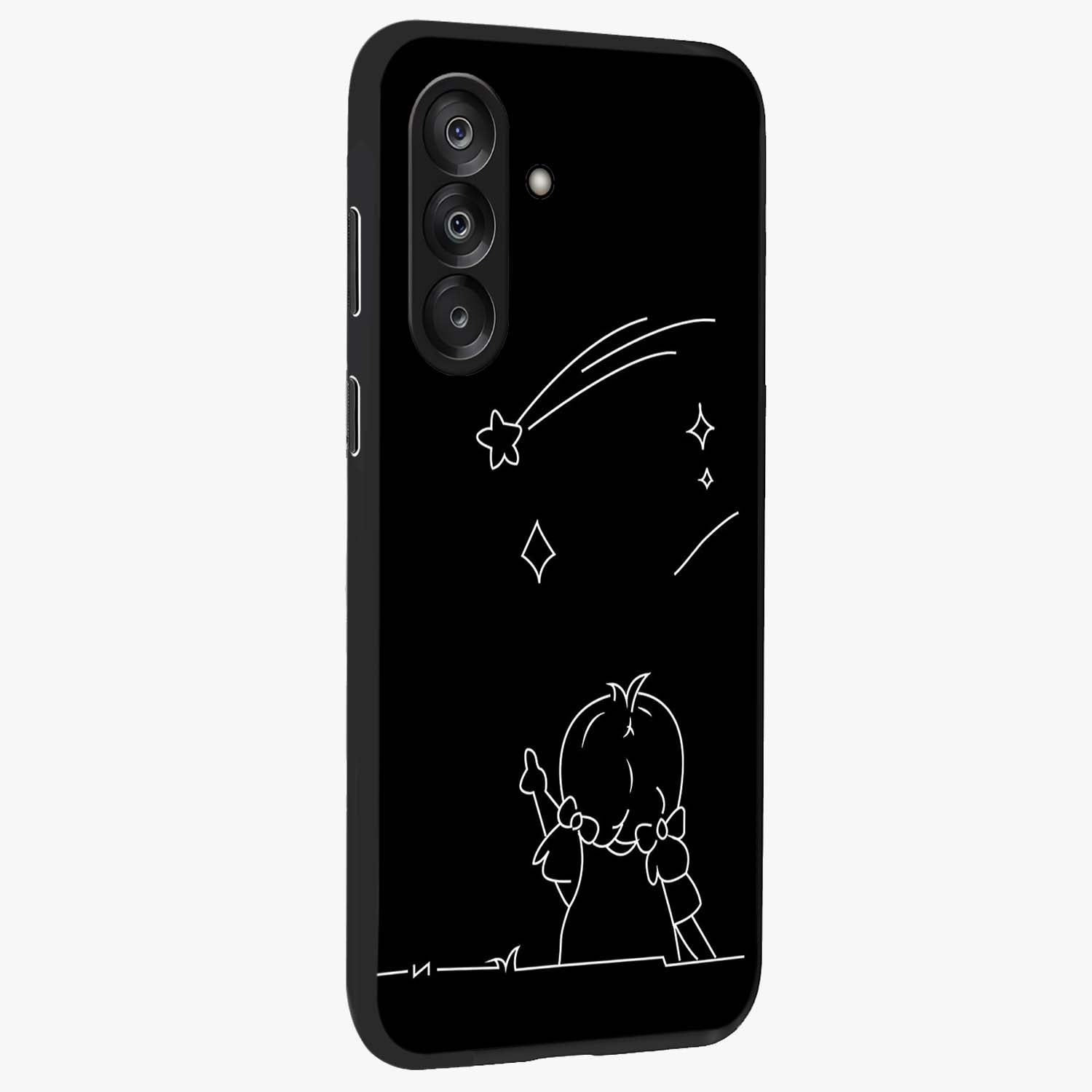 Line Art Girl With Shooting Stars Glass Case upright view showcasing delicate shooting stars artwork with minimal artistic theme.