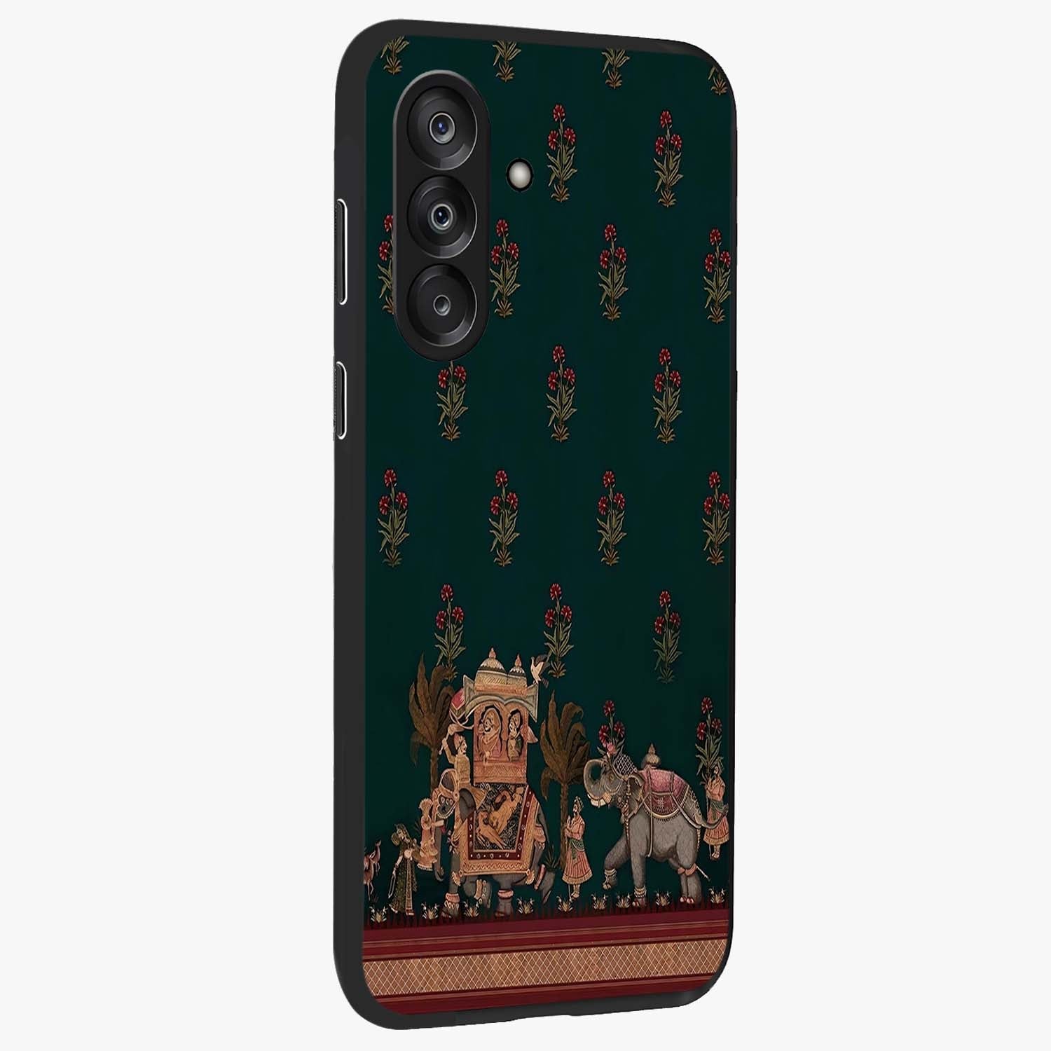 Macmerise Glass Case upright view showcasing bold artistic artwork with contemporary design theme.
