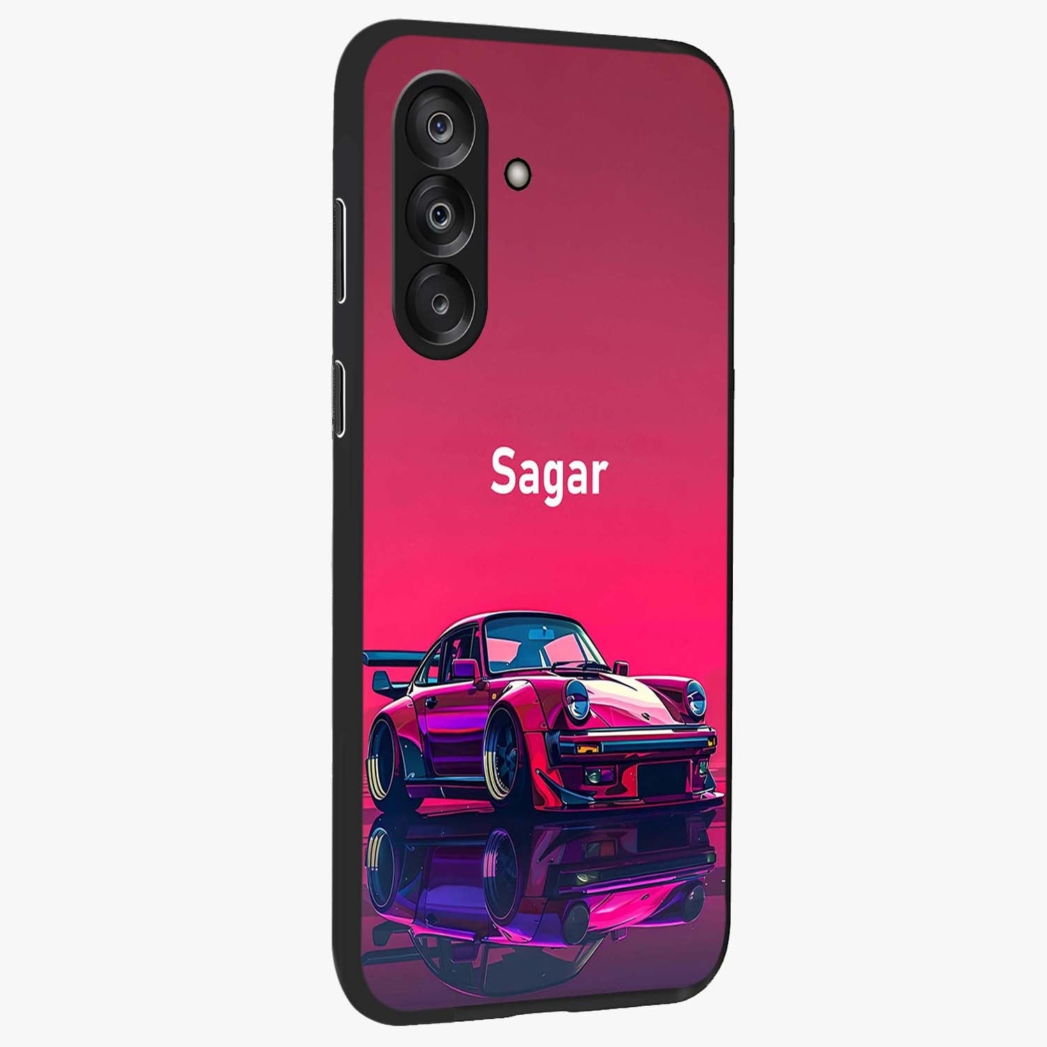 Neon Pink Porsche Glass Case upright view showcasing vibrant sports car artwork with bold automotive theme.